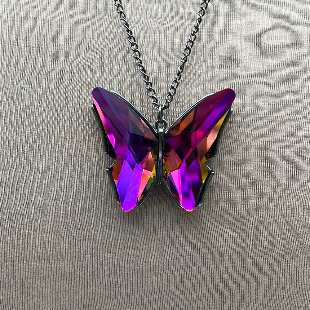 Watermelon Oil Spill Rainbow Topaz Rhinestone Butterfly Necklace